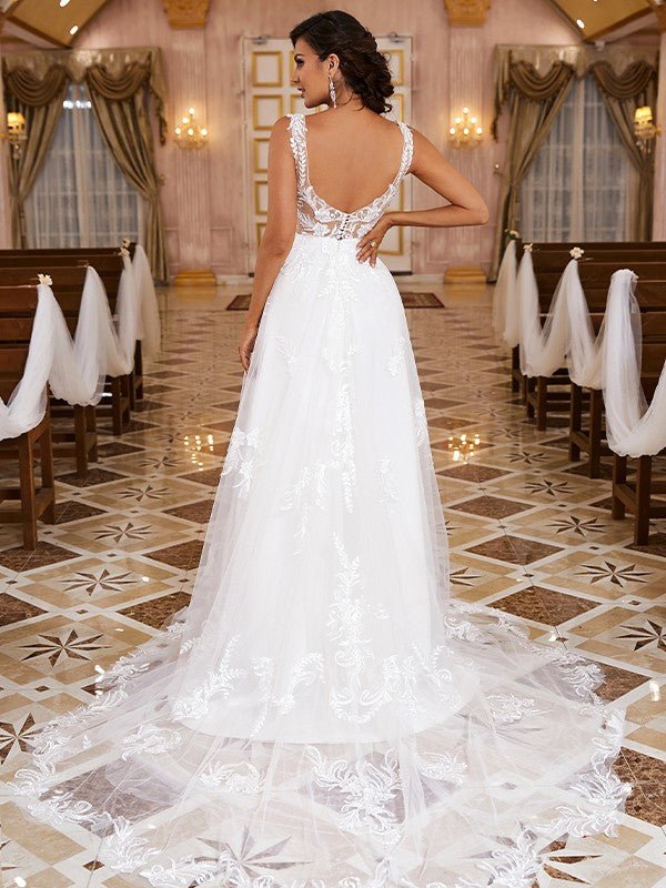 NumberSea - A - Line/Princess Lace Applique Scoop Sleeveless Sweep/Brush Train Wedding Dresses