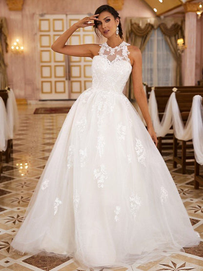 NumberSea - A - Line/Princess Lace Applique Scoop Sleeveless Sweep/Brush Train Wedding Dresses