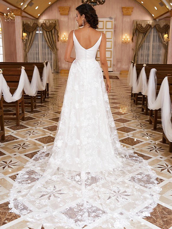 NumberSea - A - Line/Princess Lace Applique Spaghetti Straps Sleeveless Cathedral Train Wedding Dresses