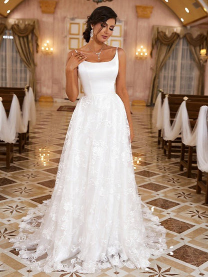 NumberSea - A - Line/Princess Lace Applique Spaghetti Straps Sleeveless Cathedral Train Wedding Dresses