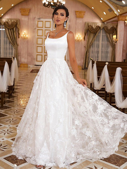 NumberSea - A - Line/Princess Lace Applique Spaghetti Straps Sleeveless Cathedral Train Wedding Dresses