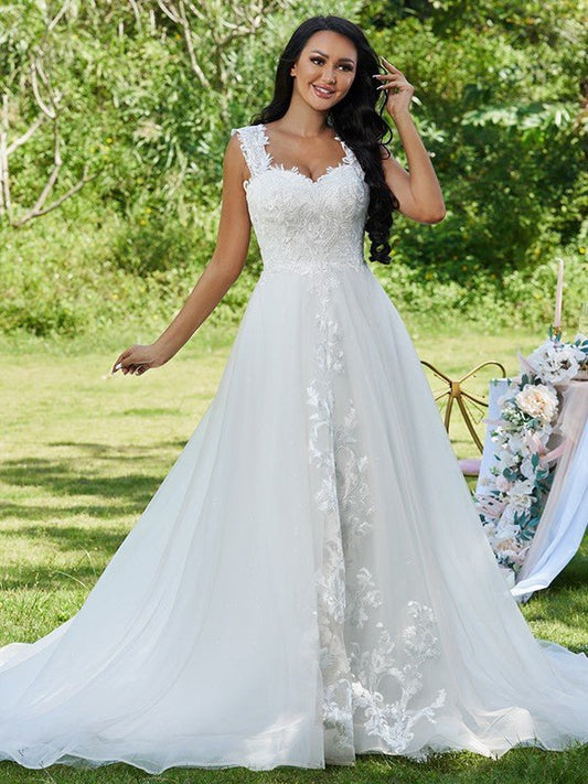 NumberSea - A - Line/Princess Lace Applique Sweetheart Sleeveless Sweep/Brush Train Wedding Dresses