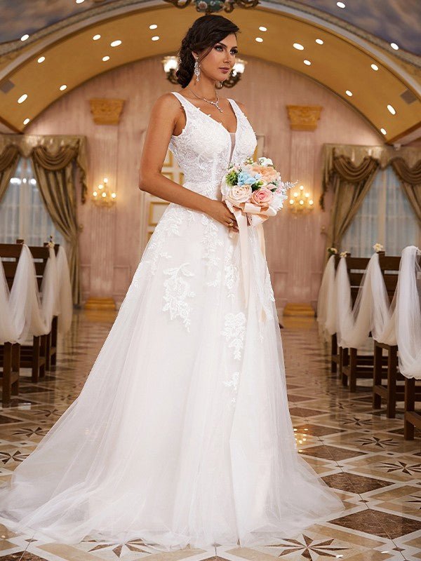 NumberSea - A - Line/Princess Lace Applique V - neck Sleeveless Sweep/Brush Train Wedding Dresses