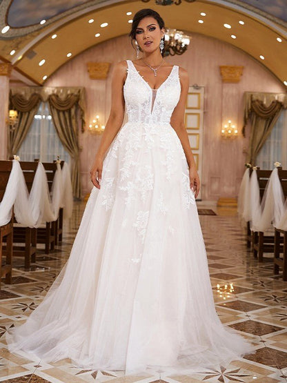 NumberSea - A - Line/Princess Lace Applique V - neck Sleeveless Sweep/Brush Train Wedding Dresses