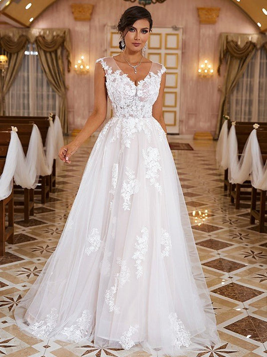 NumberSea - A - Line/Princess Lace Applique V - neck Sleeveless Sweep/Brush Train Wedding Dresses