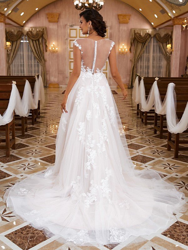 NumberSea - A - Line/Princess Lace Applique V - neck Sleeveless Sweep/Brush Train Wedding Dresses