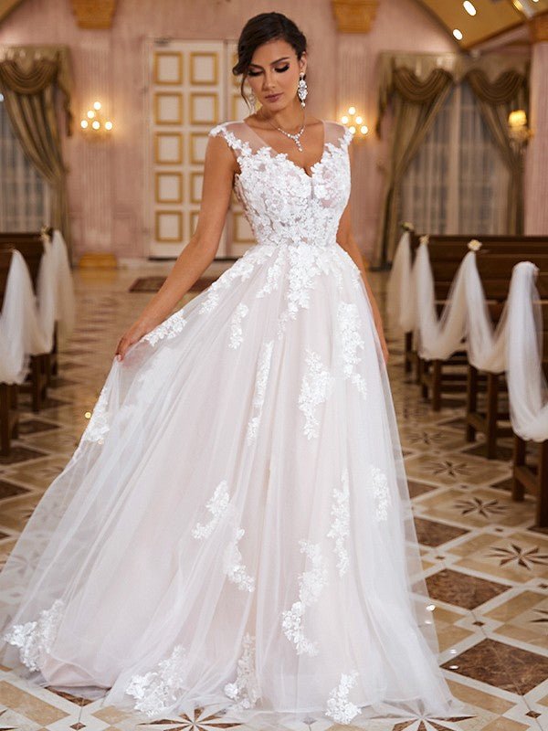 NumberSea - A - Line/Princess Lace Applique V - neck Sleeveless Sweep/Brush Train Wedding Dresses