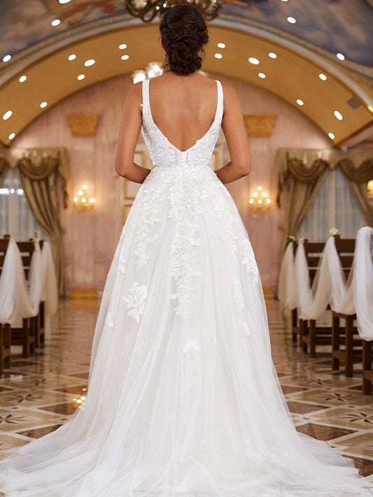 NumberSea - A - Line/Princess Lace Applique V - neck Sleeveless Sweep/Brush Train Wedding Dresses