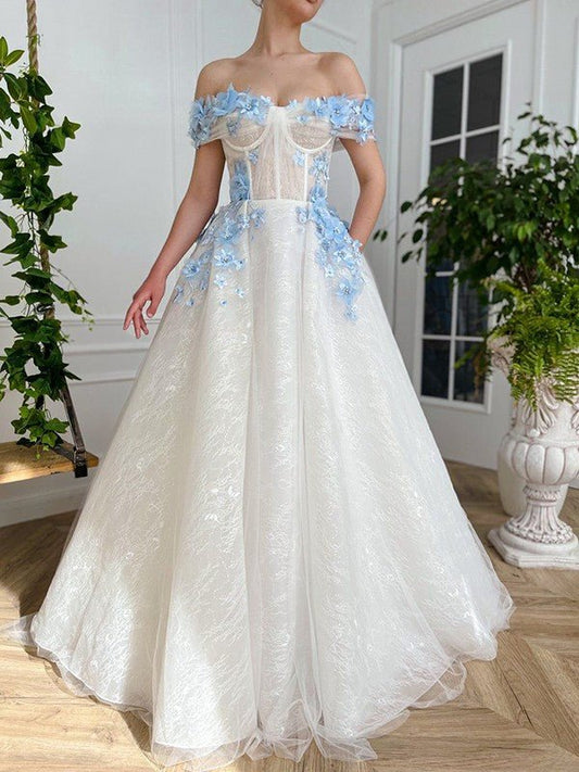 NumberSea - A - Line/Princess Lace Hand - Made Flower Off - the - Shoulder Sleeveless Floor - Length Dresses