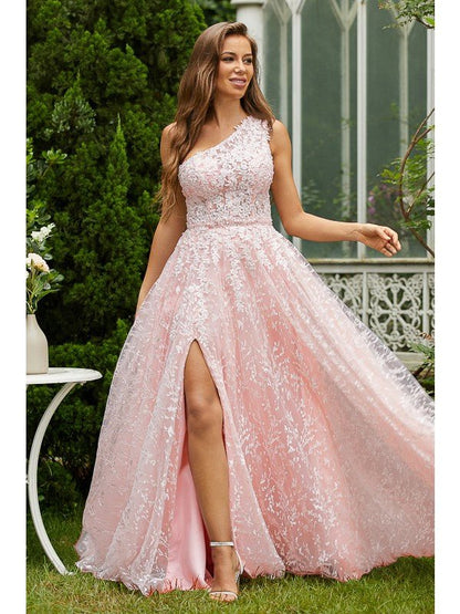 NumberSea - A - Line/Princess Lace Ruffles One - Shoulder Sleeveless Sweep/Brush Train Dresses