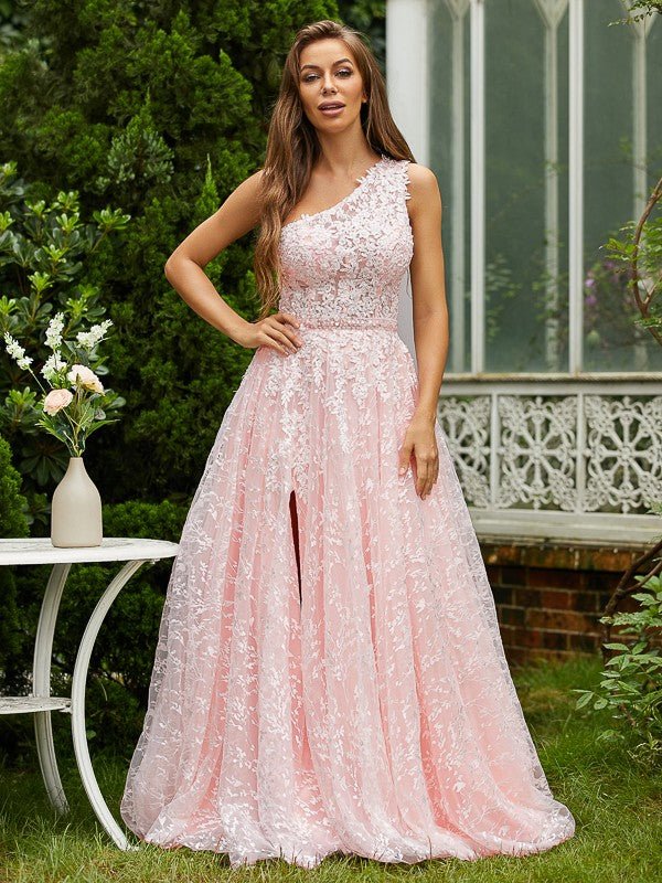 NumberSea - A - Line/Princess Lace Ruffles One - Shoulder Sleeveless Sweep/Brush Train Dresses