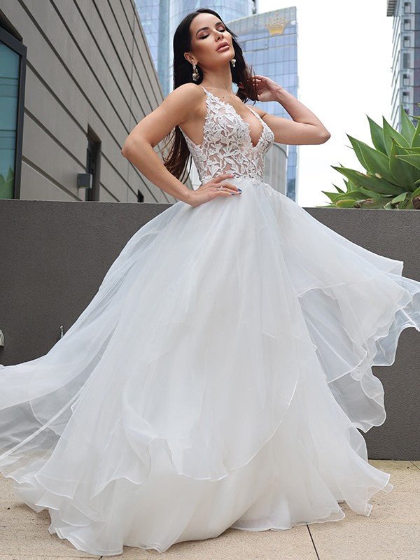 NumberSea - A - Line/Princess Lace Ruffles V - neck Sleeveless Sweep/Brush Train Wedding Dresses