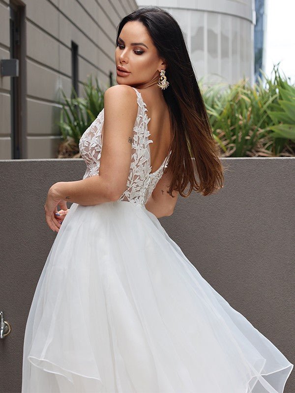 NumberSea - A - Line/Princess Lace Ruffles V - neck Sleeveless Sweep/Brush Train Wedding Dresses