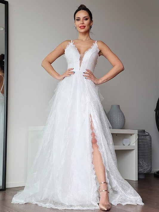 NumberSea - A - Line/Princess Lace Ruffles V - neck Sleeveless Sweep/Brush Train Wedding Dresses