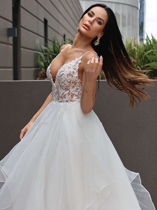 NumberSea - A - Line/Princess Lace Ruffles V - neck Sleeveless Sweep/Brush Train Wedding Dresses