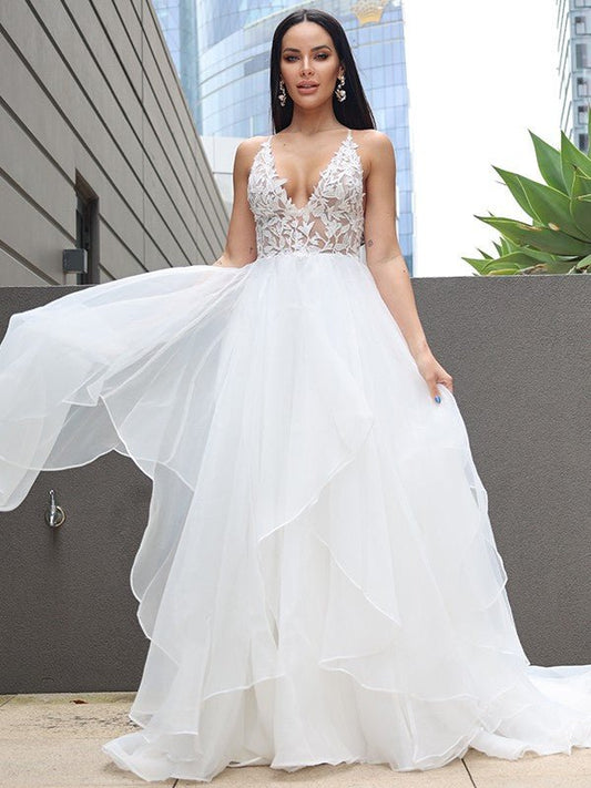 NumberSea - A - Line/Princess Lace Ruffles V - neck Sleeveless Sweep/Brush Train Wedding Dresses