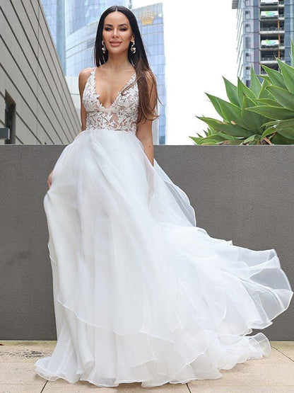 NumberSea - A - Line/Princess Lace Ruffles V - neck Sleeveless Sweep/Brush Train Wedding Dresses