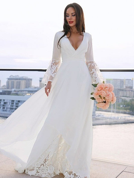 NumberSea - A - Line/Princess Lace V - neck Long Sleeves Sash/Ribbon/Belt Sweep/Brush Train Wedding Dresses