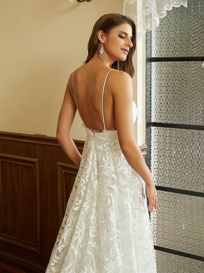 NumberSea - A - Line/Princess Lace V - neck Sleeveless Chapel Train Wedding Dresses