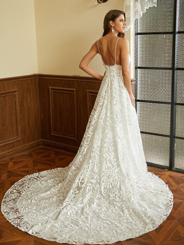 NumberSea - A - Line/Princess Lace V - neck Sleeveless Chapel Train Wedding Dresses