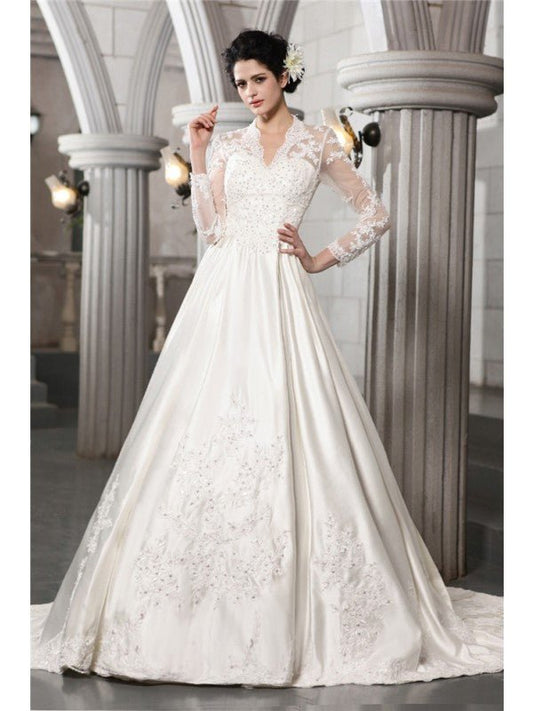 NumberSea - A - Line/Princess Long Sleeves Beading Applique Long Satin Wedding Dresses