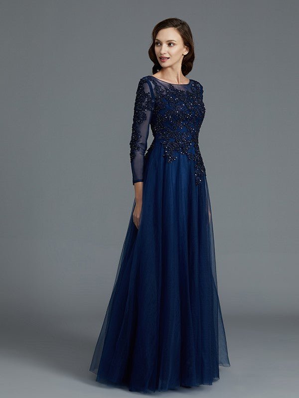 NumberSea - A - Line/Princess Long Sleeves Scoop Beading Floor - Length Tulle Mother of the Bride Dresses