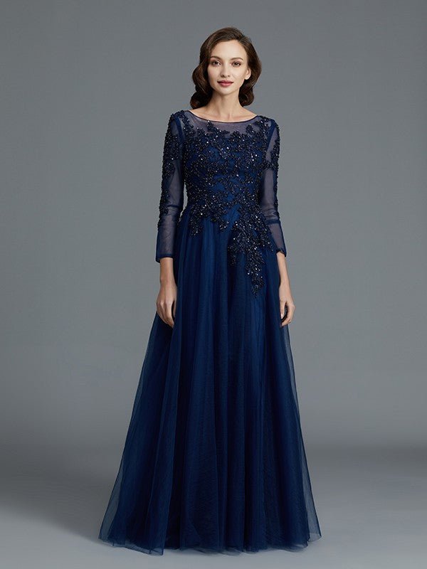 NumberSea - A - Line/Princess Long Sleeves Scoop Beading Floor - Length Tulle Mother of the Bride Dresses