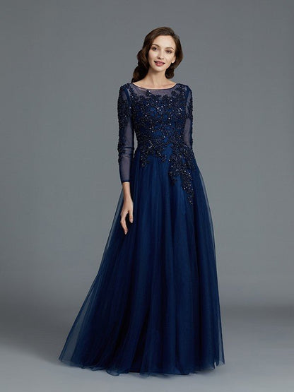 NumberSea - A - Line/Princess Long Sleeves Scoop Beading Floor - Length Tulle Mother of the Bride Dresses