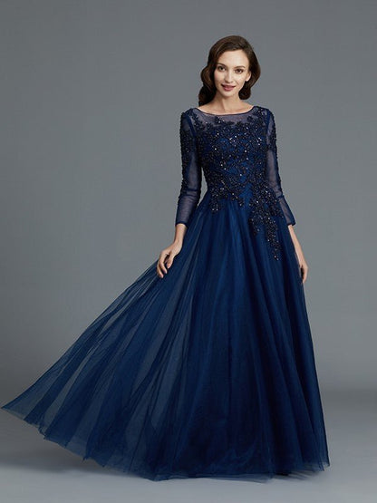 NumberSea - A - Line/Princess Long Sleeves Scoop Beading Floor - Length Tulle Mother of the Bride Dresses