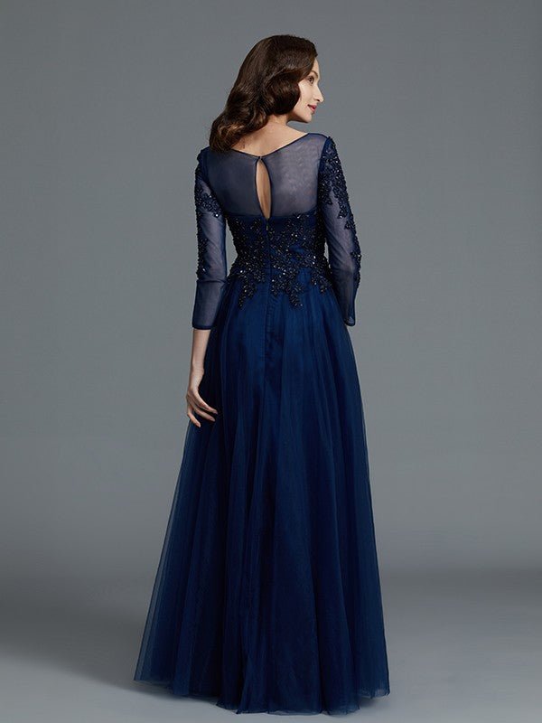 NumberSea - A - Line/Princess Long Sleeves Scoop Beading Floor - Length Tulle Mother of the Bride Dresses