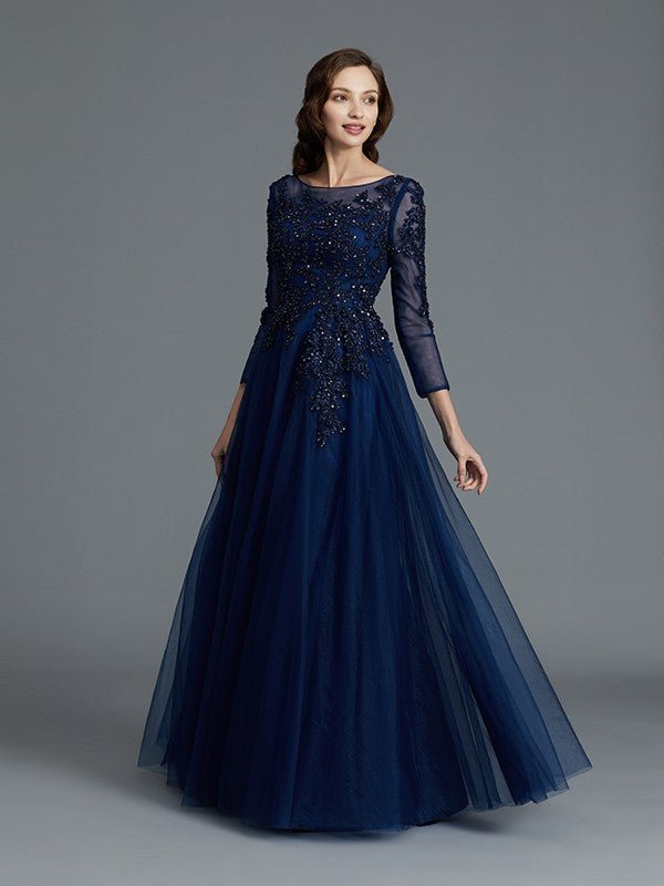 NumberSea - A - Line/Princess Long Sleeves Scoop Beading Floor - Length Tulle Mother of the Bride Dresses