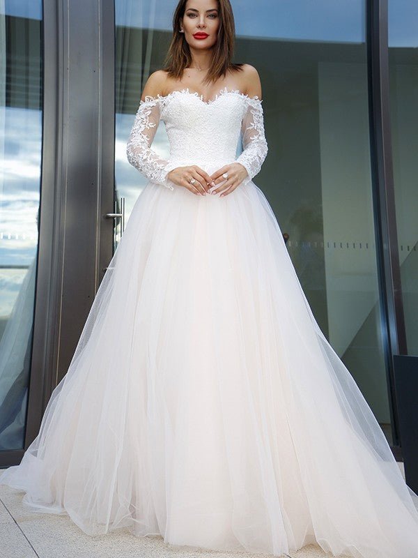 NumberSea - A - Line/Princess Long Sleeves Tulle Applique Off - the - Shoulder Court Train Wedding Dresses