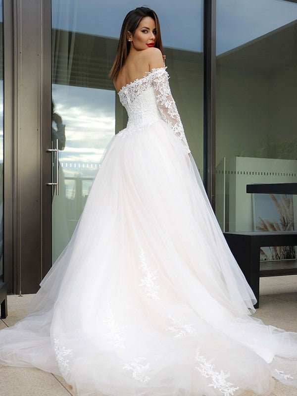 NumberSea - A - Line/Princess Long Sleeves Tulle Applique Off - the - Shoulder Court Train Wedding Dresses