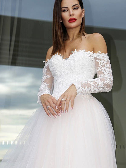 NumberSea - A - Line/Princess Long Sleeves Tulle Applique Off - the - Shoulder Court Train Wedding Dresses