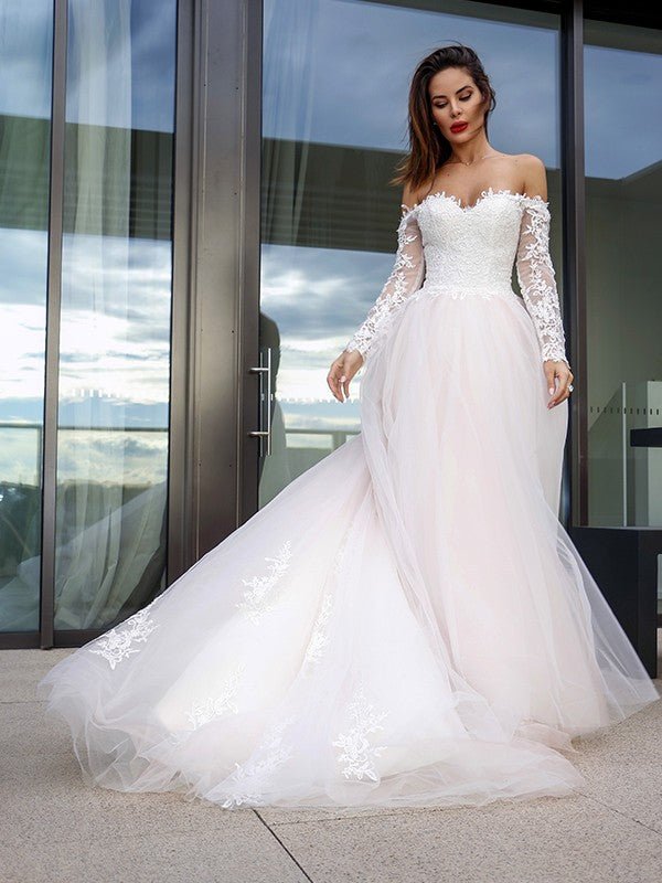 NumberSea - A - Line/Princess Long Sleeves Tulle Applique Off - the - Shoulder Court Train Wedding Dresses