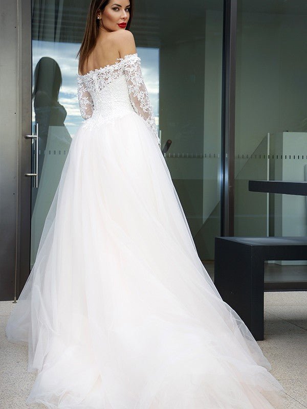 NumberSea - A - Line/Princess Long Sleeves Tulle Applique Off - the - Shoulder Court Train Wedding Dresses