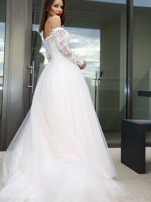 NumberSea - A - Line/Princess Long Sleeves Tulle Applique Off - the - Shoulder Court Train Wedding Dresses