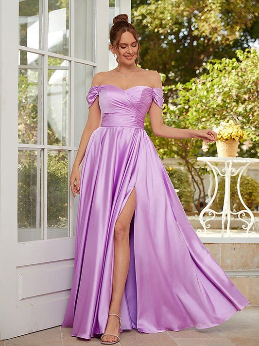 NumberSea - A - Line/Princess NS Elastic Woven Satin Ruched Off - the - Shoulder Sleeveless Floor - Length Dresses