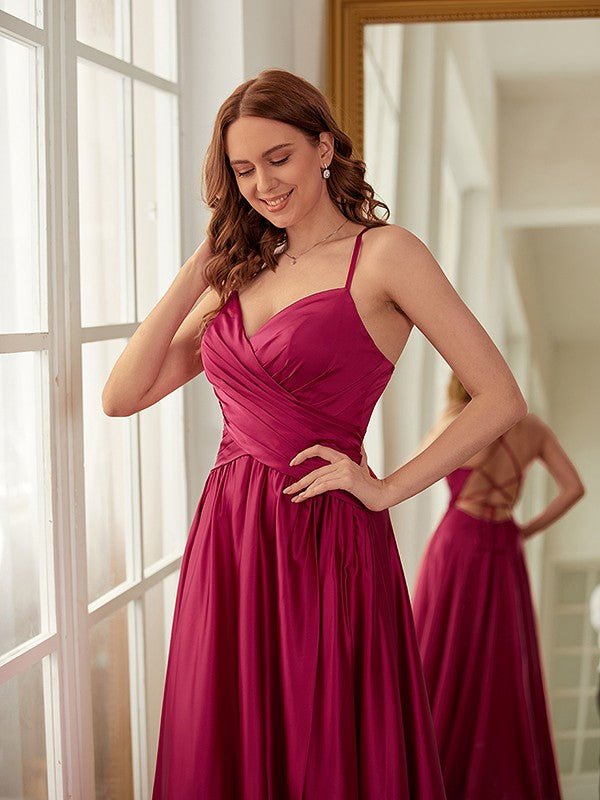 NumberSea - A - Line/Princess NS Elastic Woven Satin Ruched V - neck Sleeveless Sweep/Brush Train Dresses