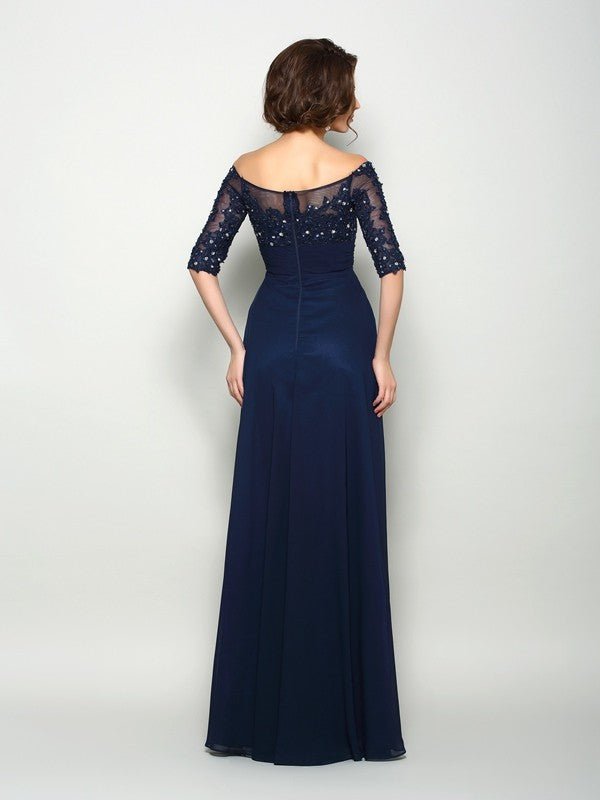 NumberSea - A - Line/Princess Off - the - Shoulder Beading 1/2 Sleeves Long Chiffon Mother of the Bride Dresses