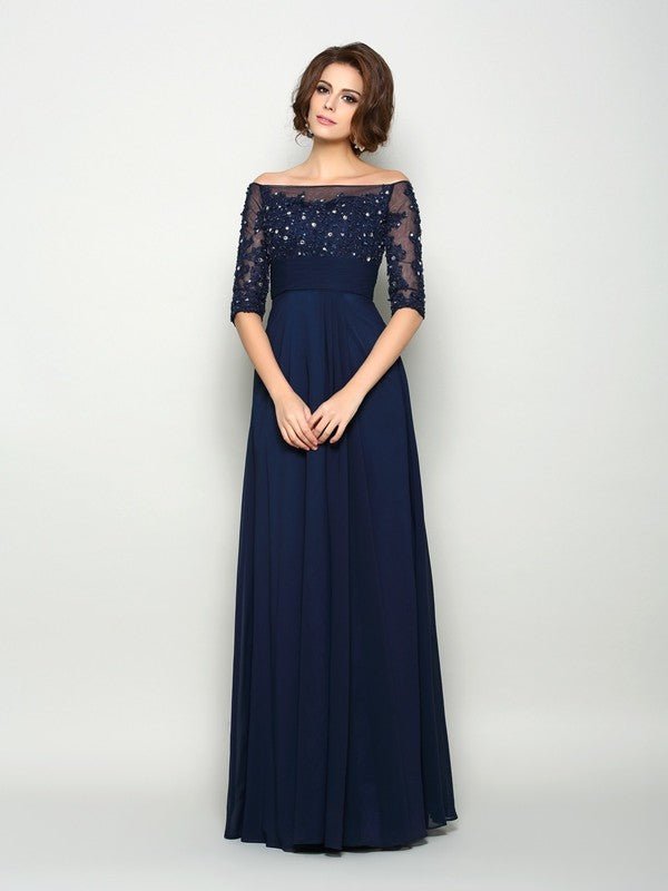 NumberSea - A - Line/Princess Off - the - Shoulder Beading 1/2 Sleeves Long Chiffon Mother of the Bride Dresses