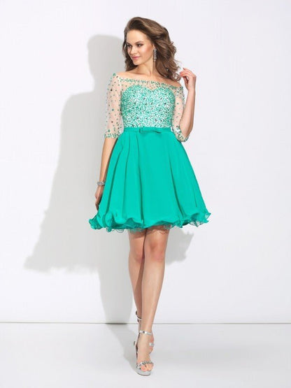 NumberSea - A - Line/Princess Off - the - Shoulder Beading 1/2 Sleeves Short Chiffon Dresses