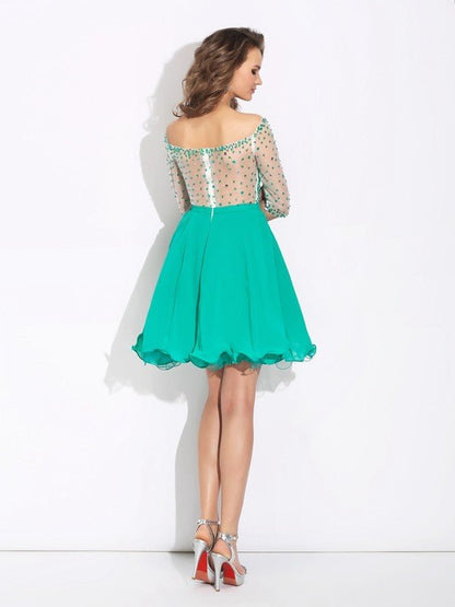 NumberSea - A - Line/Princess Off - the - Shoulder Beading 1/2 Sleeves Short Chiffon Dresses