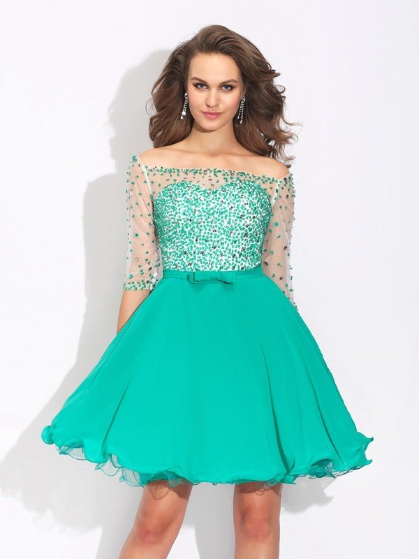 NumberSea - A - Line/Princess Off - the - Shoulder Beading 1/2 Sleeves Short Chiffon Dresses