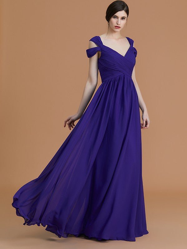 NumberSea - A - Line/Princess Off - the - Shoulder Sleeveless Floor - Length Ruched Chiffon Bridesmaid Dresses