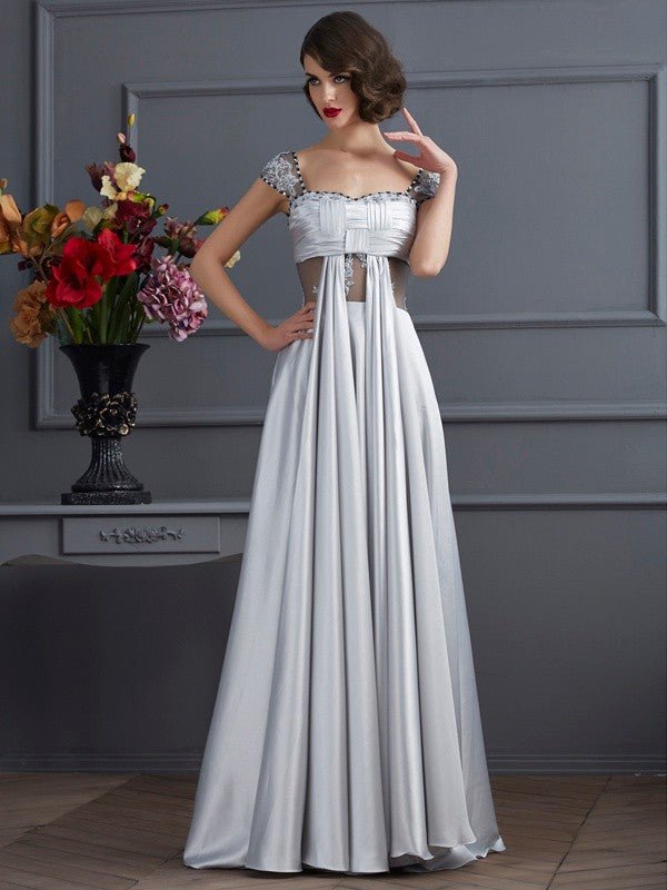 NumberSea - A - Line/Princess Off the Shoulder Sleeveless Pleats Long Elastic Woven Satin Dresses