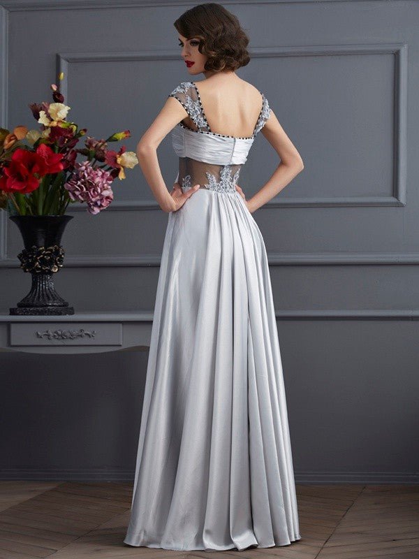 NumberSea - A - Line/Princess Off the Shoulder Sleeveless Pleats Long Elastic Woven Satin Dresses