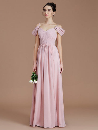 NumberSea - A - Line/Princess Off - the - Shoulder Sleeveless Ruched Floor - Length Chiffon Bridesmaid Dresses