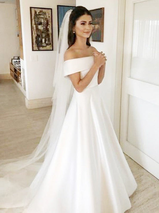 NumberSea - A - Line/Princess Off - the - Shoulder Sleeveless Sweep/Brush Train Ruffles Satin Wedding Dresses