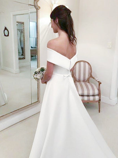 NumberSea - A - Line/Princess Off - the - Shoulder Sleeveless Sweep/Brush Train Ruffles Satin Wedding Dresses